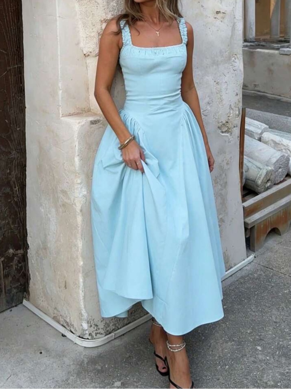 Elegant Light Blue Square-Neck Midi Dress - Picture 4 of 4